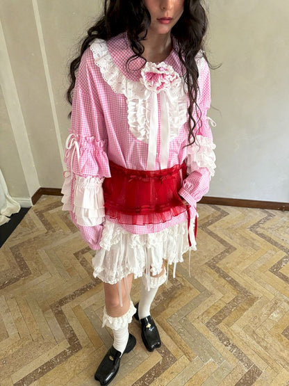 Pink checkered lace trim long-sleeved shirt【s0000012761】