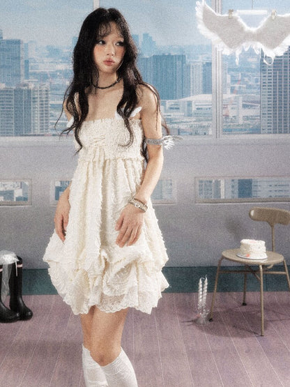 Shirred Lace White Texture Dress【s0000016278】