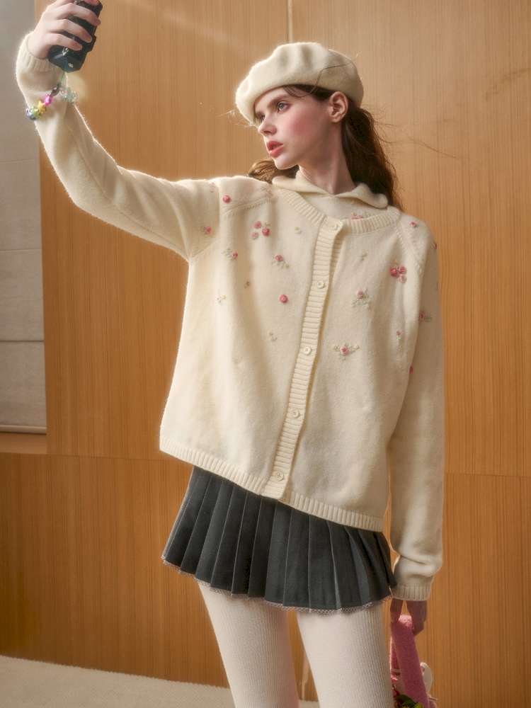 Wool Hand-Embroidered Flower Sweater Cardigan【s0000014891】