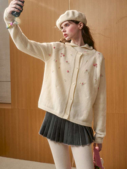 Wool Hand-Embroidered Flower Sweater Cardigan【s0000014891】