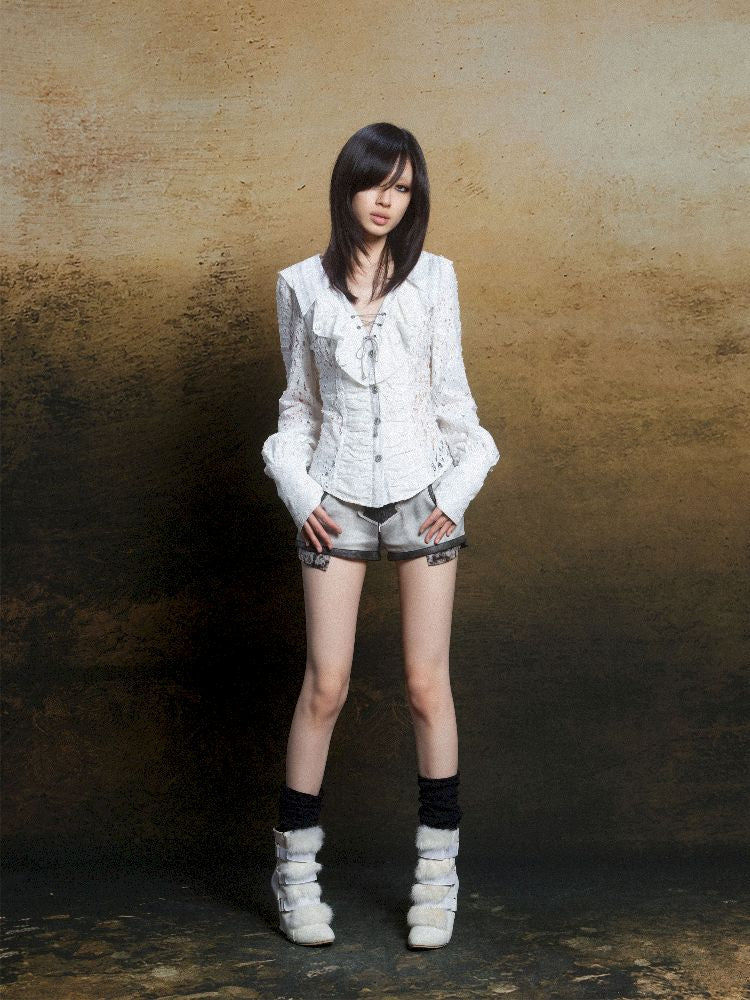 Ruffle Double Layer Collar Slim Shirt【s0000011814】