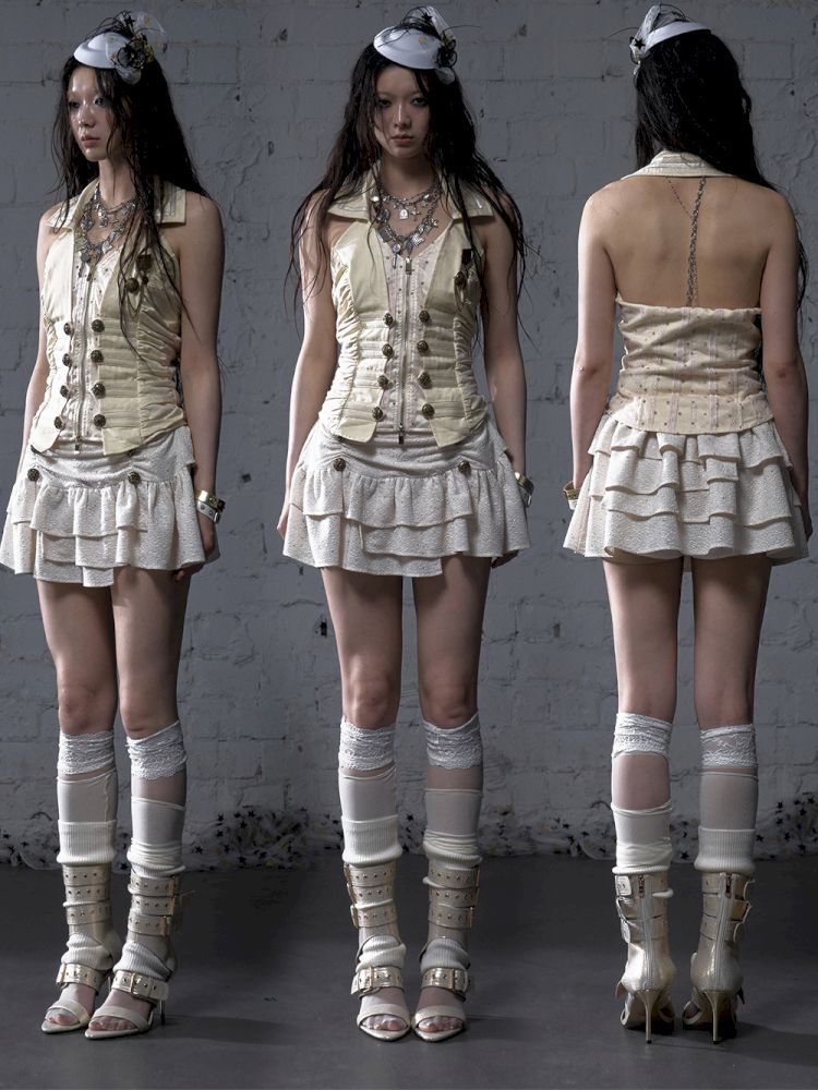 Slimming faux two-piece vest halter top【s0000012798】