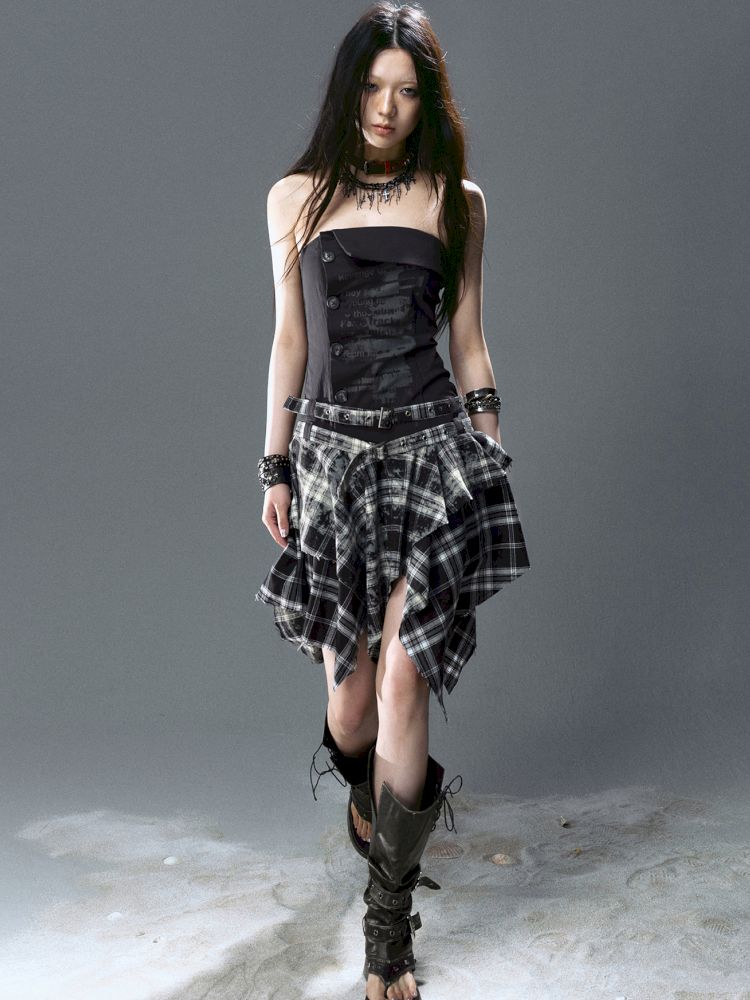 Asymmetrical patchwork plaid strapless dress【s0000012808】
