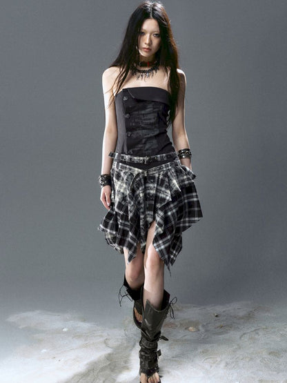 Asymmetrical patchwork plaid strapless dress【s0000012808】