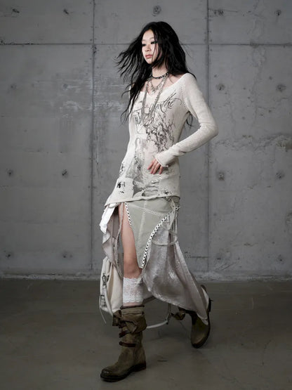 Asymmetric Leather-Satin Skirt【s0000013944】