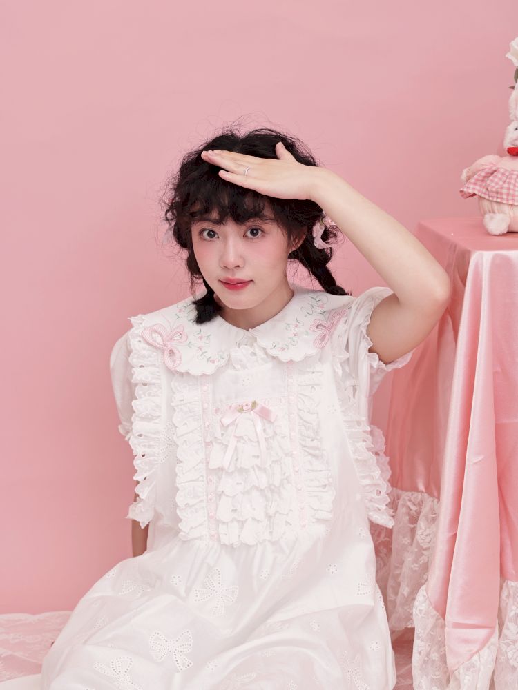 Doll collar puff sleeve lace shirt【s0000012852】
