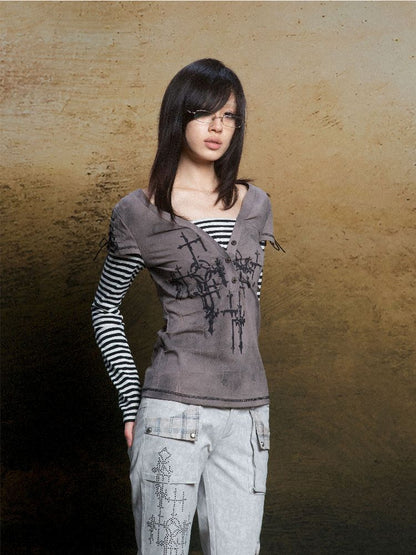 토템 크로스 인쇄 긴 슬리브 티셔츠 [S0000011819]