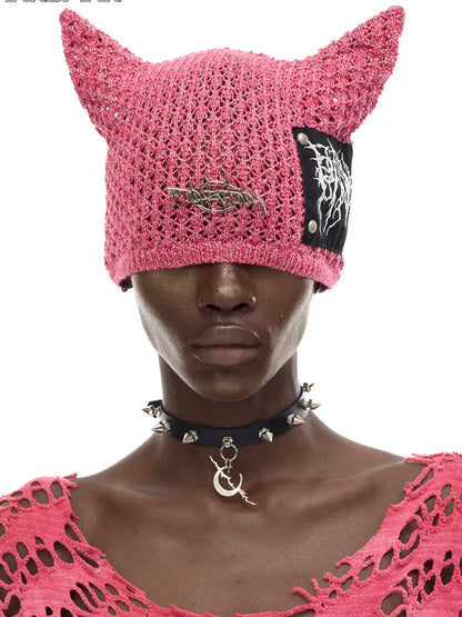 Cat-Eared Concept Little Devil Hole-Pattern Beanie【s0000014010】