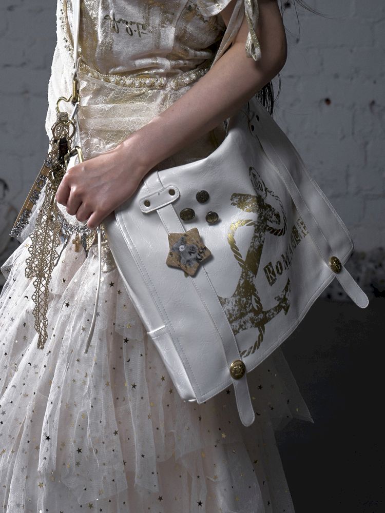 Gold foil print heavy-duty leather shoulder bag【s0000012778】