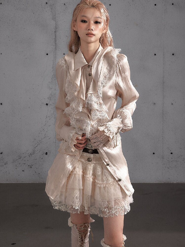 Ruffled Lace Satin Silk Shirt【s0000019157】
