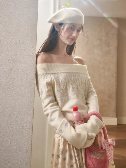 Fresh and Soft Cotton Sweater, Scarf, Floral Skirt【s0000014323】