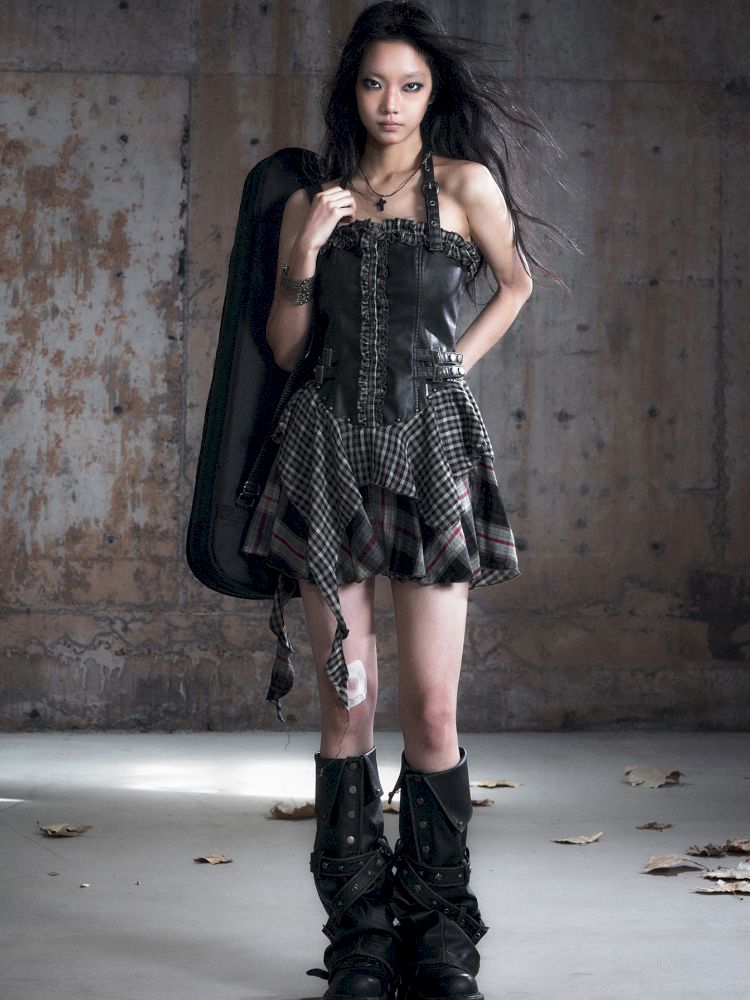 Patchwork Lattice Waisted Dress【s0000013889】