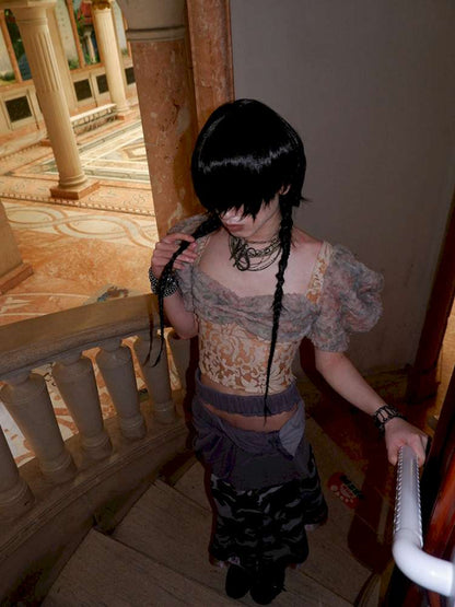 Patchwork Sheer Bud Strap Court Top【s0000015145】