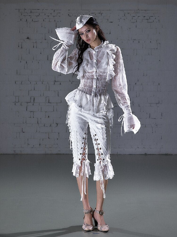 Ruffled Flocked Lace Stand Shirt【s0000016208】