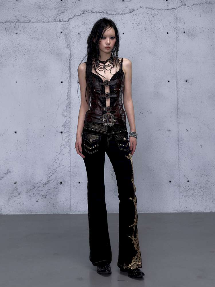 Dark Court Openwork Lace Leather Camisole【s0000014920】