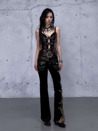 Dark Court Openwork Lace Leather Camisole【s0000014920】