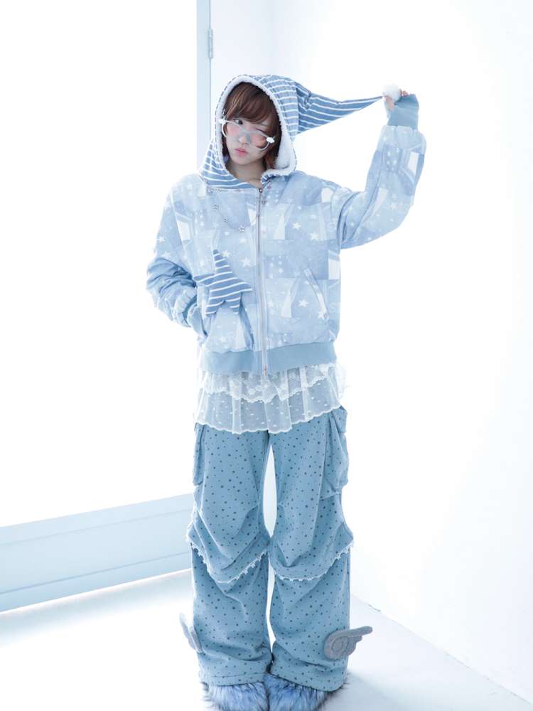 Ghost Horse Star Print Diagonal Zip Jacket【s0000014691】