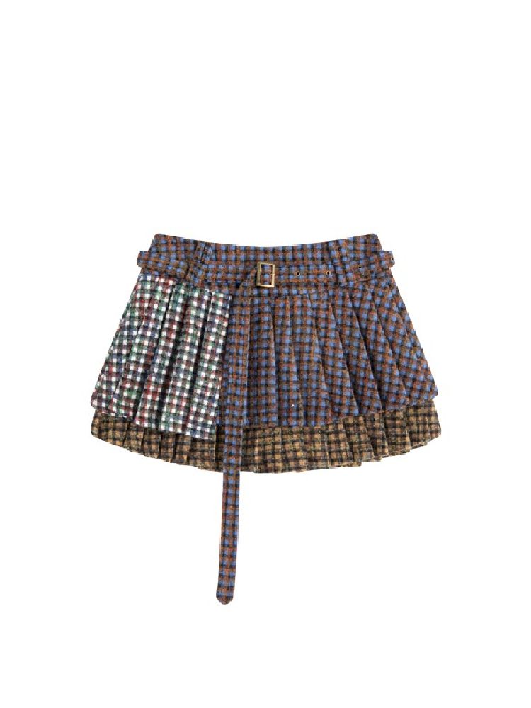 Three-color plaid splicing pleated skirt【s0000005411】