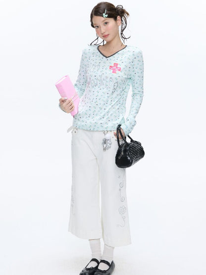Full Print V Neck Long Sleeve Top【s0000016406】