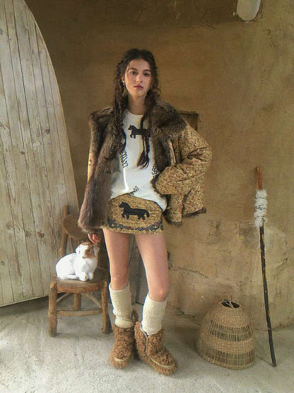 Striped Patchwork Pony Print T-Shirt【s0000014899】