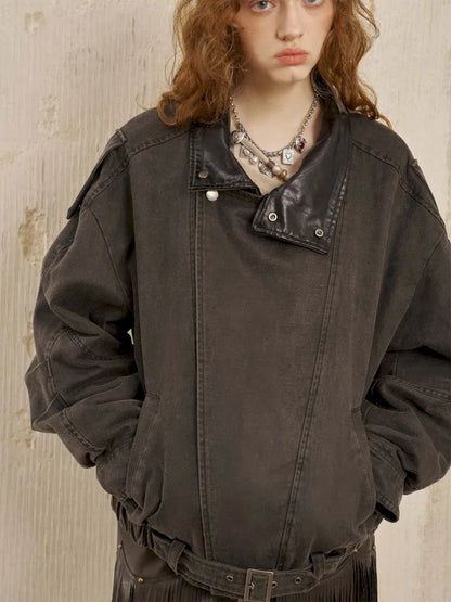 Padded Collar Patchwork Washed Denim Jacket【s0000014069】