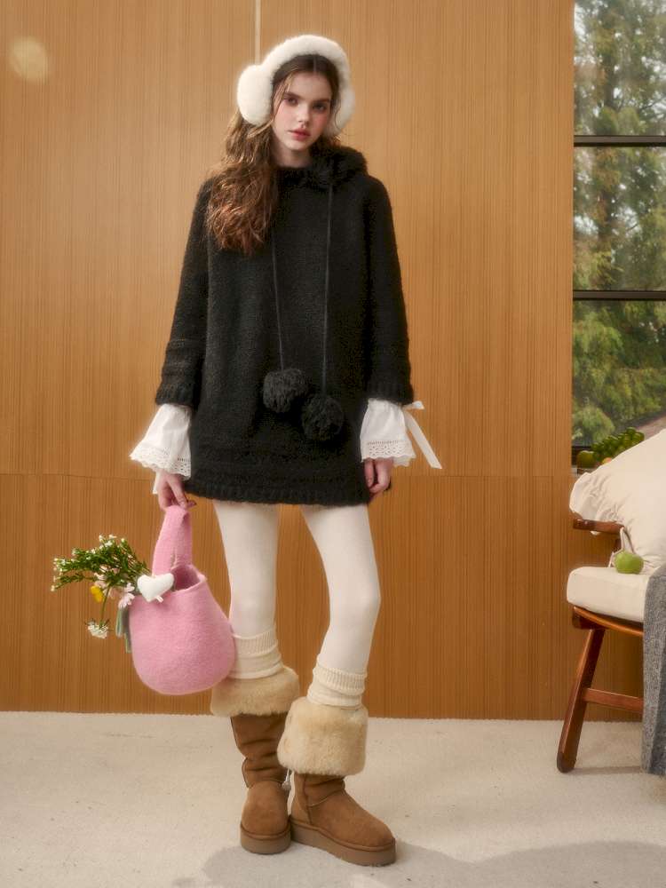Wool Thick Hooded Fur Collar Knit Cape Skirt【s0000014890】