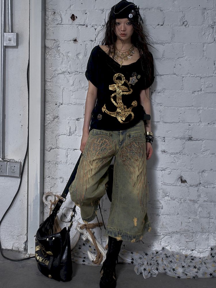 Wide-leg denim cropped pants【s0000012800】