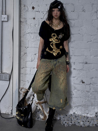 Wide-leg denim cropped pants【s0000012800】