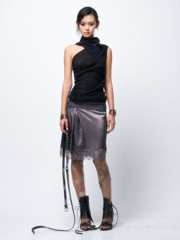 Studded Satin Lace Panelled Skirt【s0000016068】