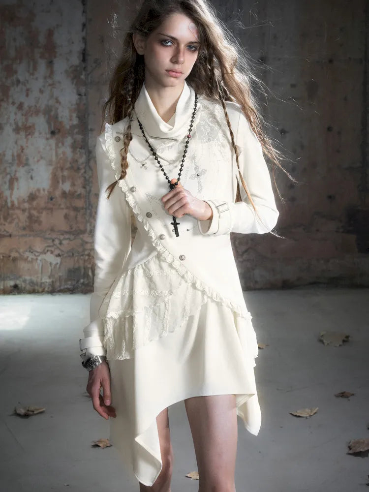 Asymmetric Collar Long-Sleeve Dress【s0000013960】