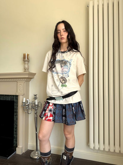 Metallic floral print vintage-inspired skirt【s0000013514】