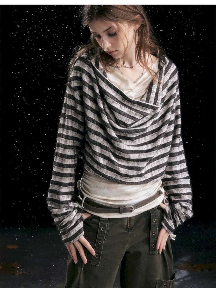 Striped Distressed Hooded Top【s0000014674】