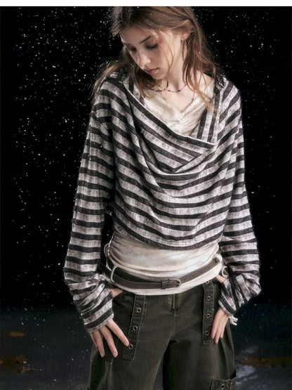 Striped Distressed Hooded Top【s0000014674】