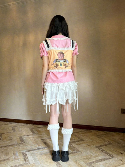 Cute doll print lace bow vest【s0000012760】