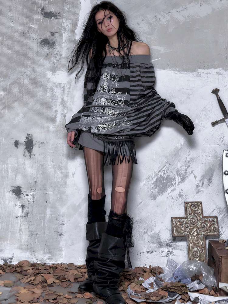 Striped Print Loose Bat Sleeve Dress【s0000014658】