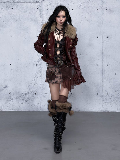 Plaid Stitching Leather Skirt【s0000015546】