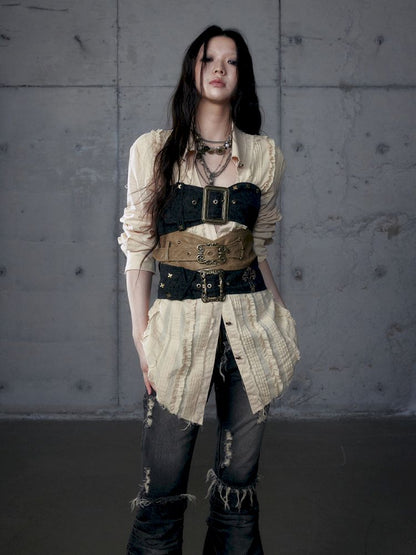 Irregular Color Clash Slim Leather Corset 【s0000013473】