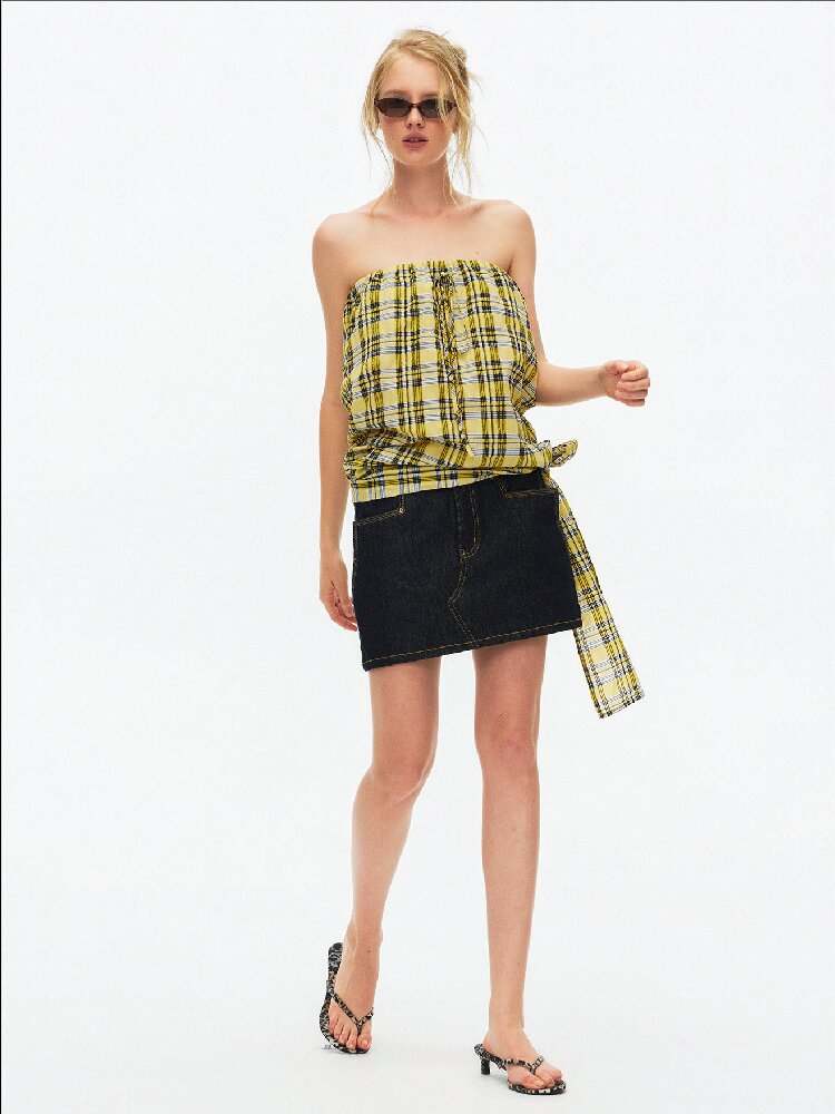 Striped Plaid Lace Up Bandeau Top【s0000015924】