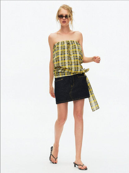 Striped Plaid Lace Up Bandeau Top【s0000015924】