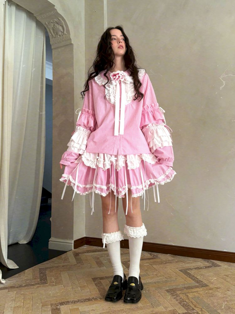 Pink checkered lace trim long-sleeved shirt【s0000012761】