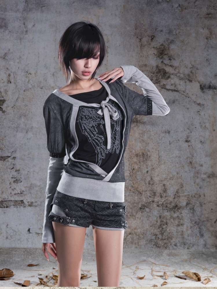 High-Stretch Printed Rhinestone Knit Top【s0000014490】