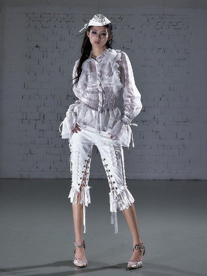 Ruffled Flocked Lace Stand Shirt【s0000016208】