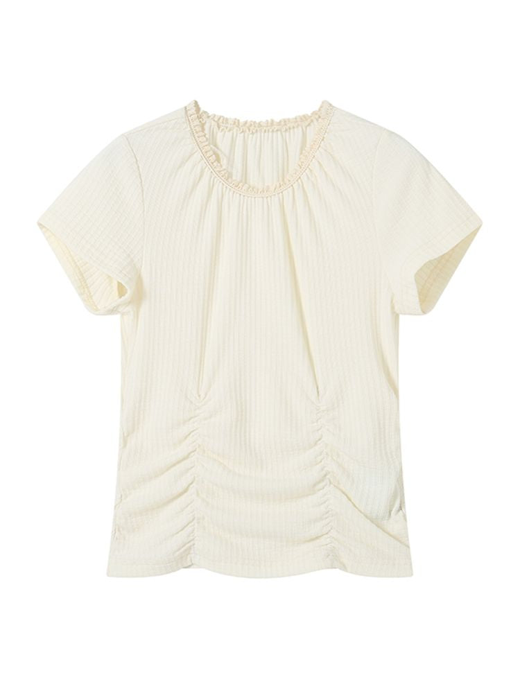 ROUND LACE NECK JACQUARD PLEATED SLEEVE T-SHIRT [S0000008850]