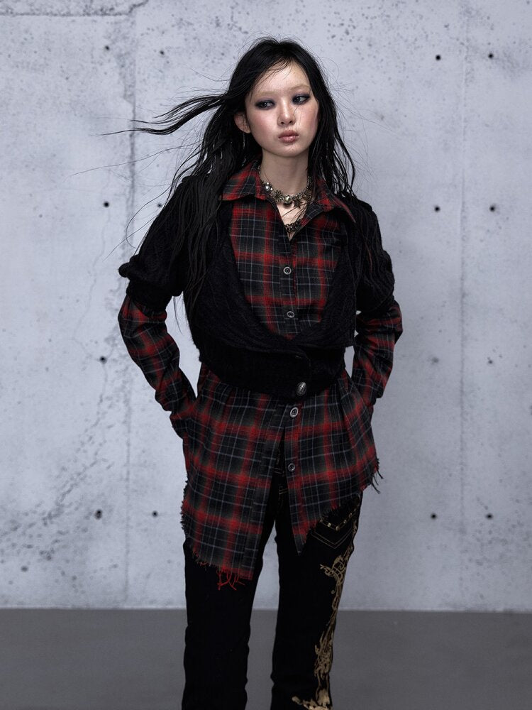 Check Knit Fake Two Piece Shirt【s0000015547】