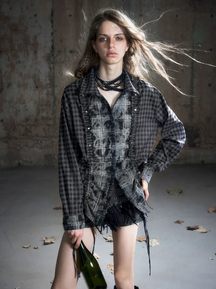 Drawstring Black-Gray Checkered Shir【s0000013959】