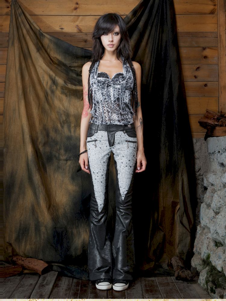 Patchwork Flared Denim Leather Pants【s0000013896】