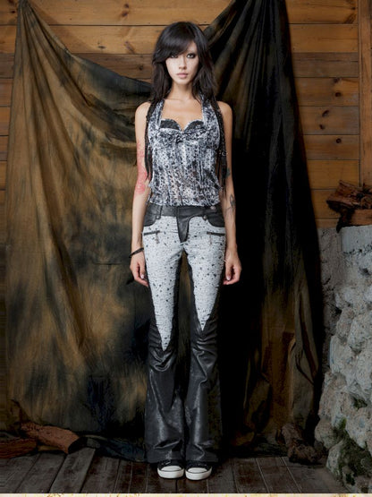Patchwork Flared Denim Leather Pants【s0000013896】