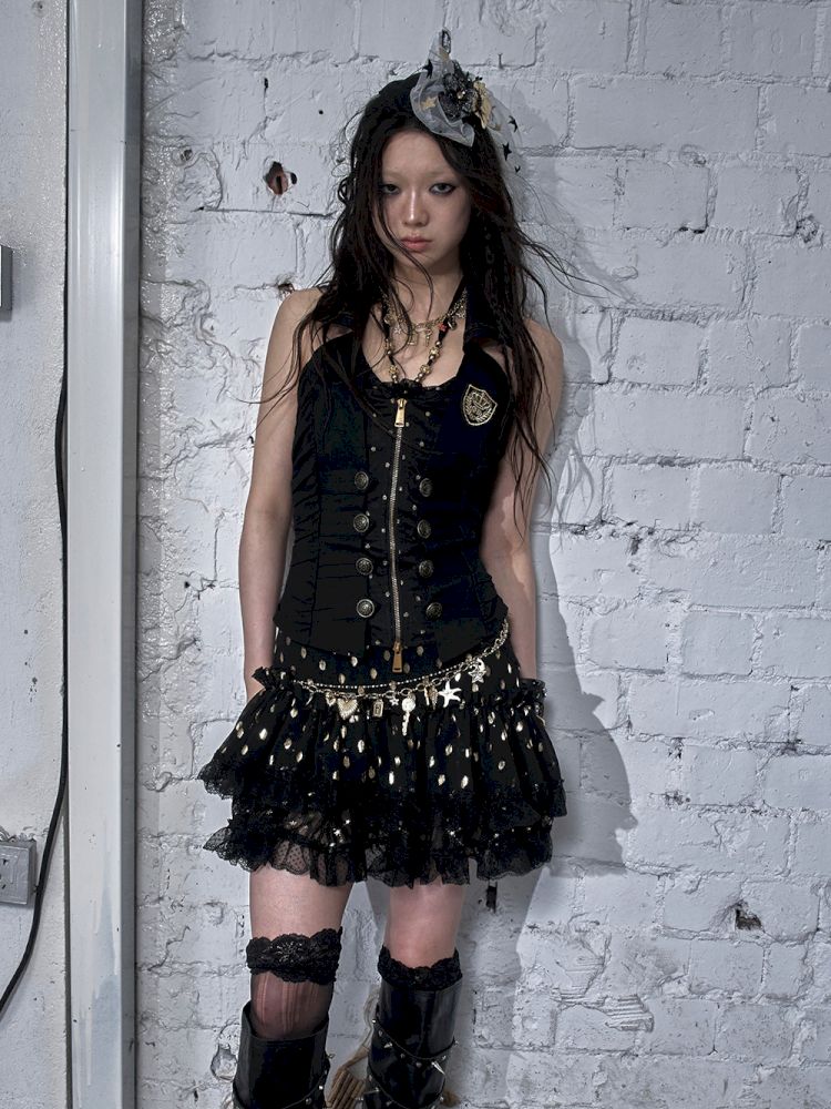 Slimming faux two-piece vest halter top【s0000012798】