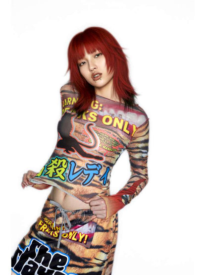 Y2K Millennium Print Long Sleeve Mesh Top【s0000014915】