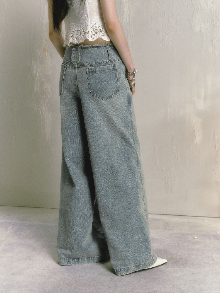 Wide-leg broken holes micro-laundry jeans【s0000012140】